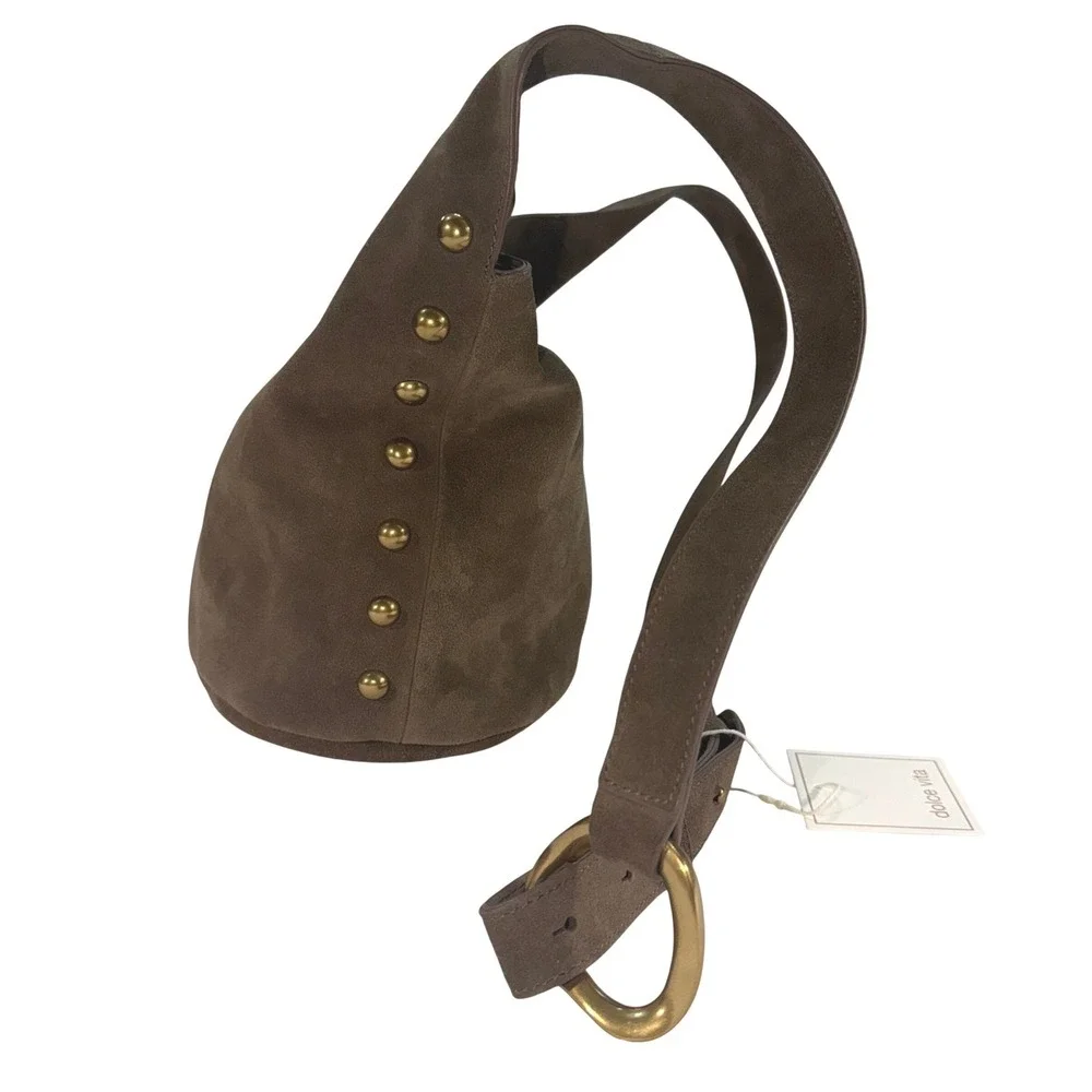 Dolce Vita Aubrie Olive Brown Suede Hobo Shoulder Bag NWT‎ Gold Studs Boho